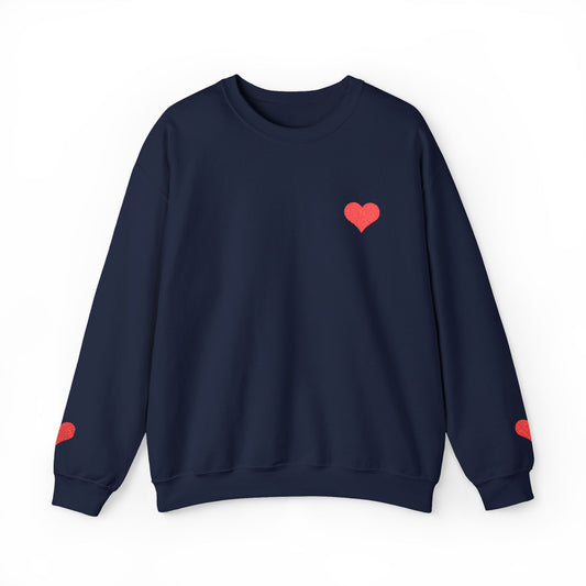 Crewneck Sweatshirt — Small Red Heart Embroidered Chest & Sleeve