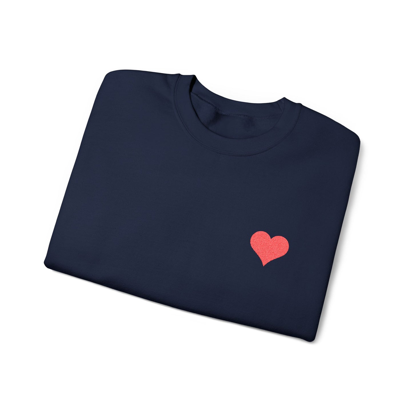Crewneck Sweatshirt — Small Red Heart Embroidered Chest & Sleeve