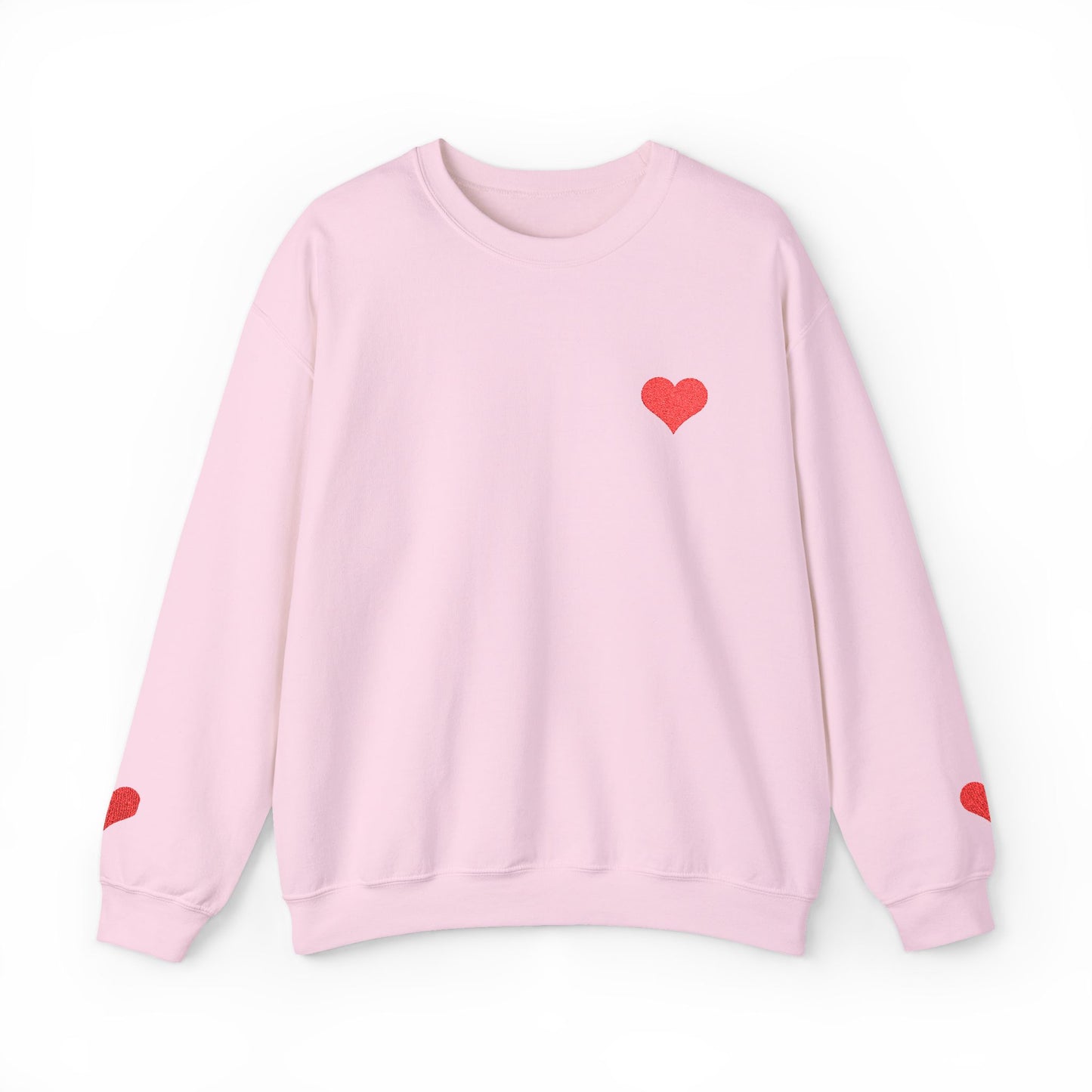 Crewneck Sweatshirt — Small Red Heart Embroidered Chest & Sleeve