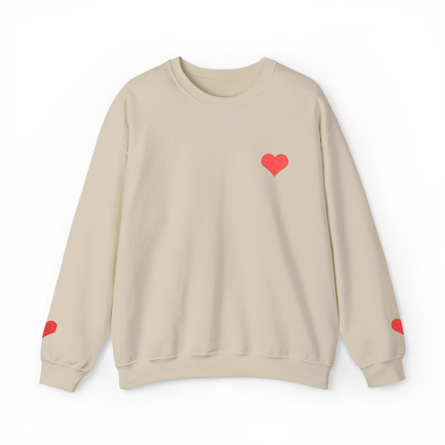 Crewneck Sweatshirt — Small Red Heart Embroidered Chest & Sleeve