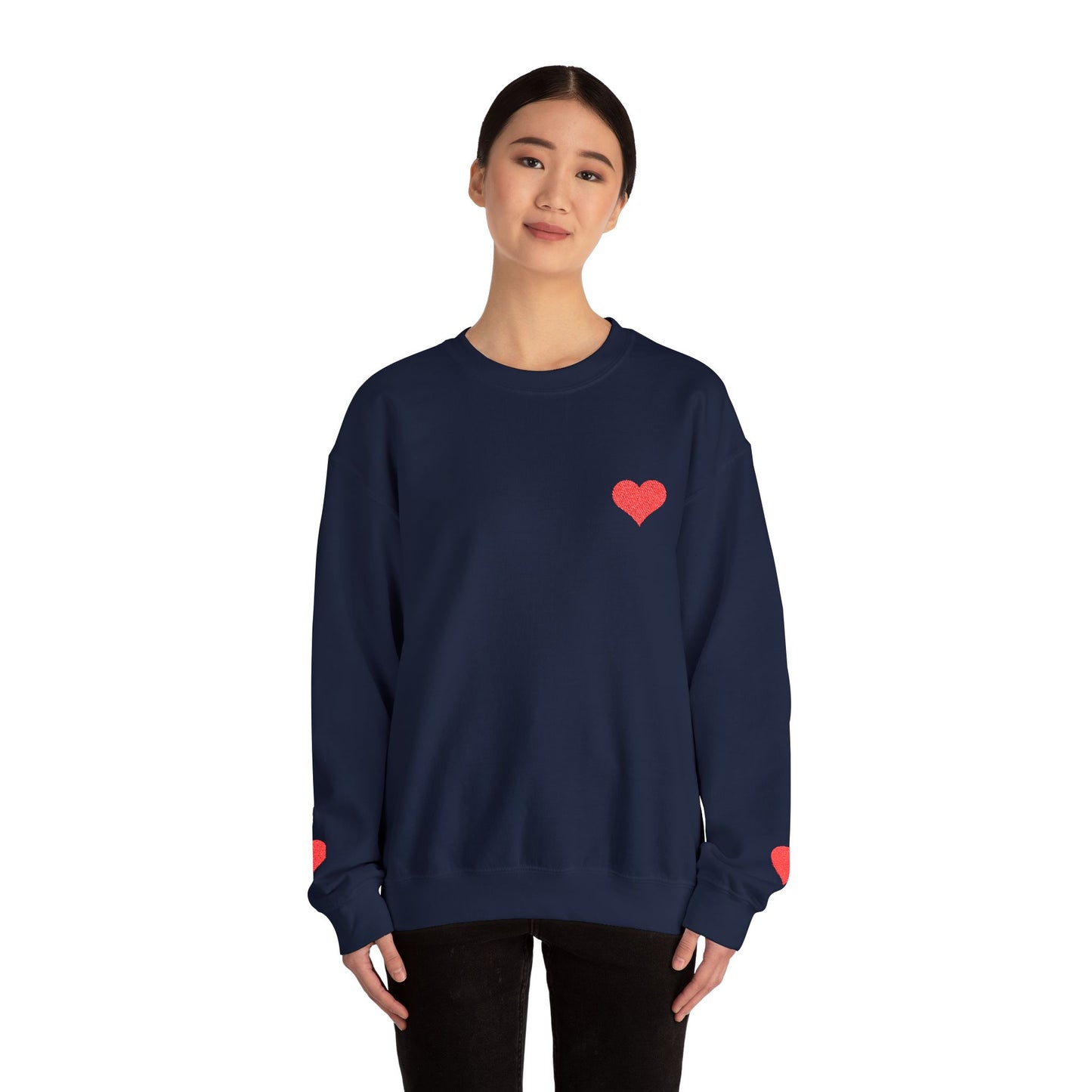 Crewneck Sweatshirt — Small Red Heart Embroidered Chest & Sleeve