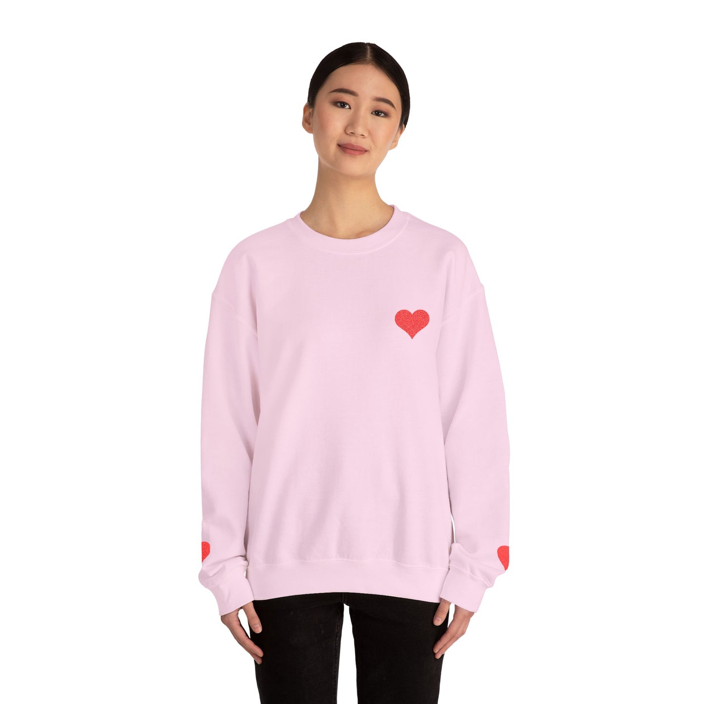 Crewneck Sweatshirt — Small Red Heart Embroidered Chest & Sleeve