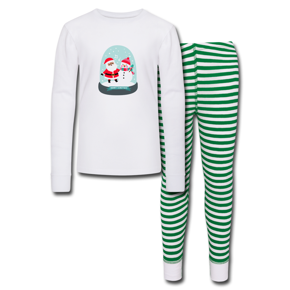 Santa Snowglobe Kids’ Pajama Set - white/green stripe